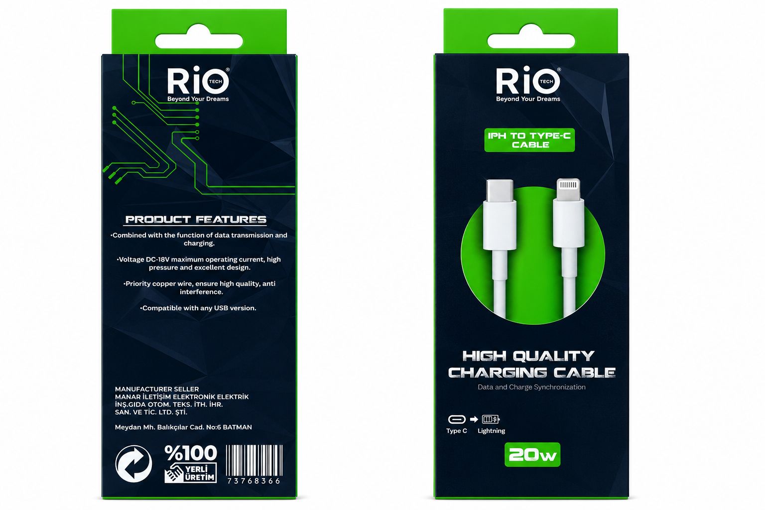 Rio IPH to Type-C 20W Şarj Kablosu