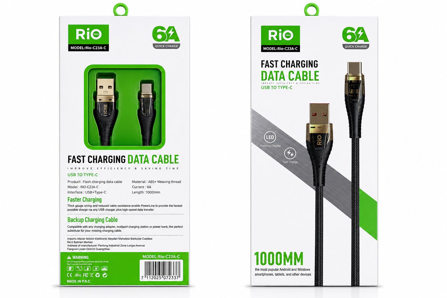 Rio C23A-C USB to Type-C 6A Hızlı Şarj Kablosu