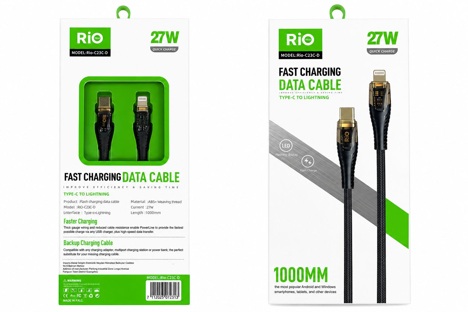 Rio C23C-D Type-C to Lightning 27W Kablo