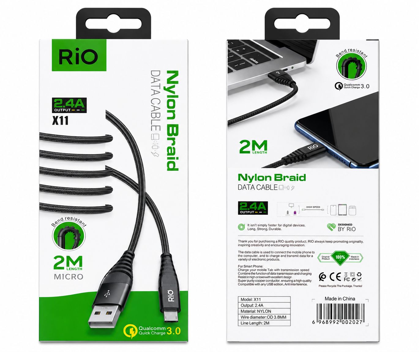 Rio X11 Micro USB 2M Nylon Kablo