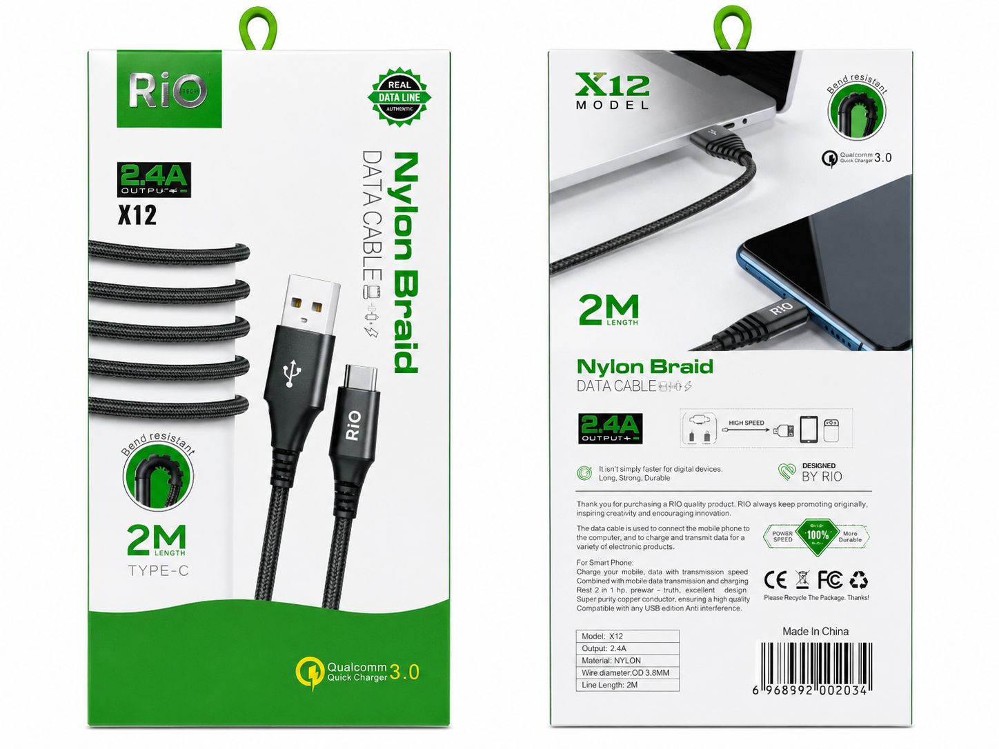 Rio X12 Type-C 2M Nylon Kablo