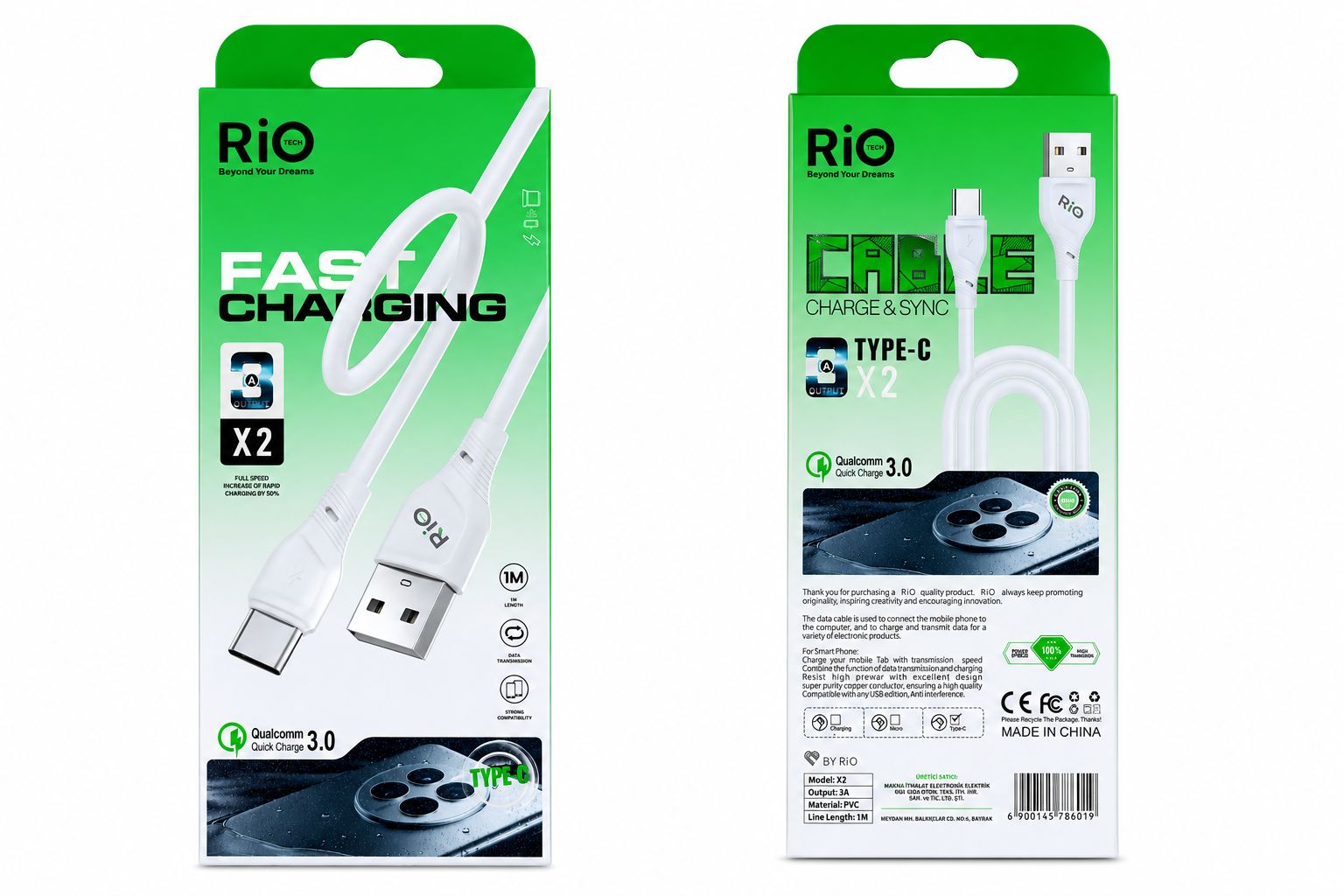 Rio X2 Micro USB 3A Hızlı Şarj Kablosu